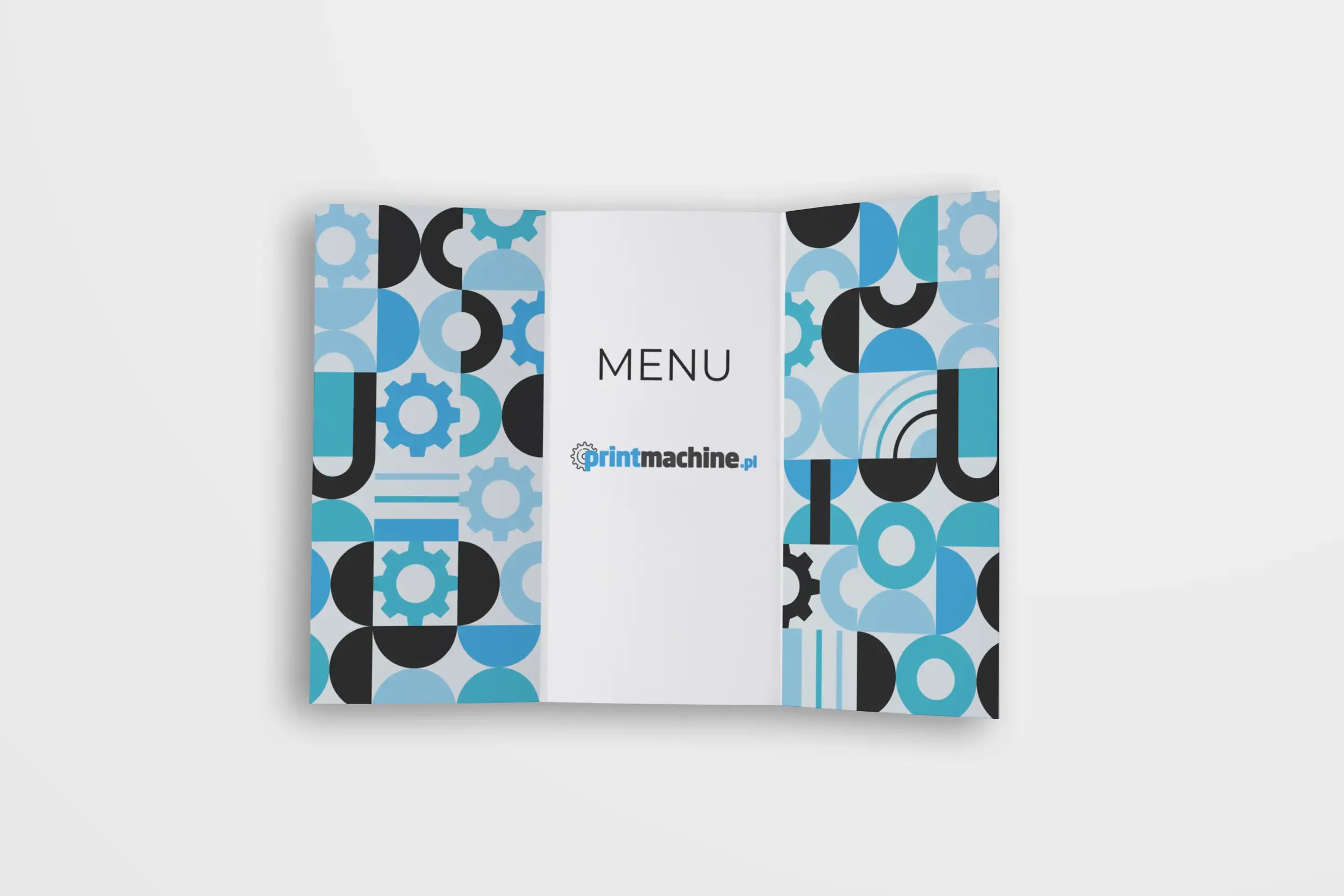 Menu składane w formacie DL z trójłamowym zgięciem, otwarte, z kolorowym nadrukiem na okładce i białym panelem środkowym.