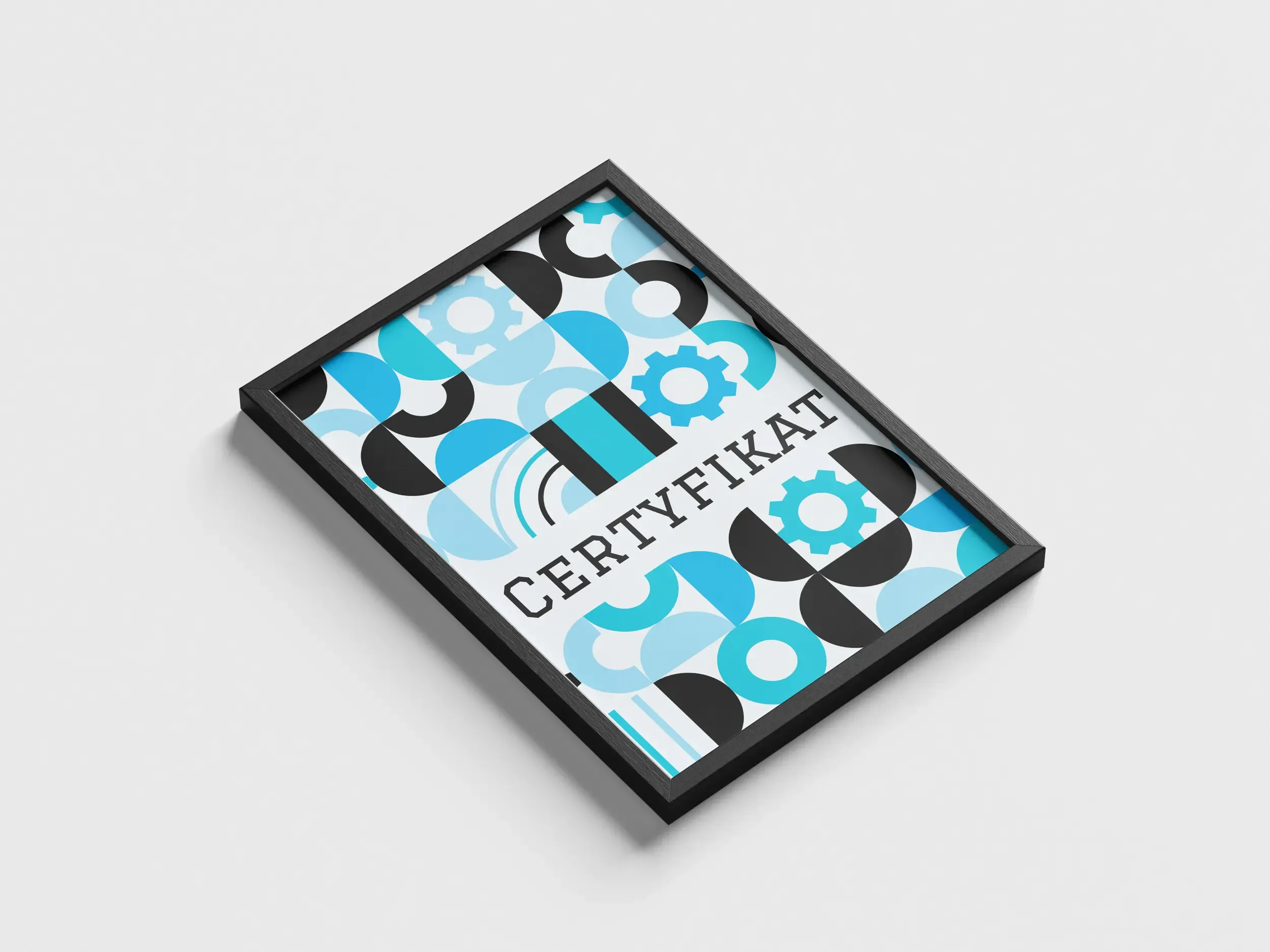 Certyfikat w czarnej ramce z nowoczesnym kolorowym projektem graficznym, prezentujący przykład eleganckiego dyplomu gotowego do ekspozycji.
