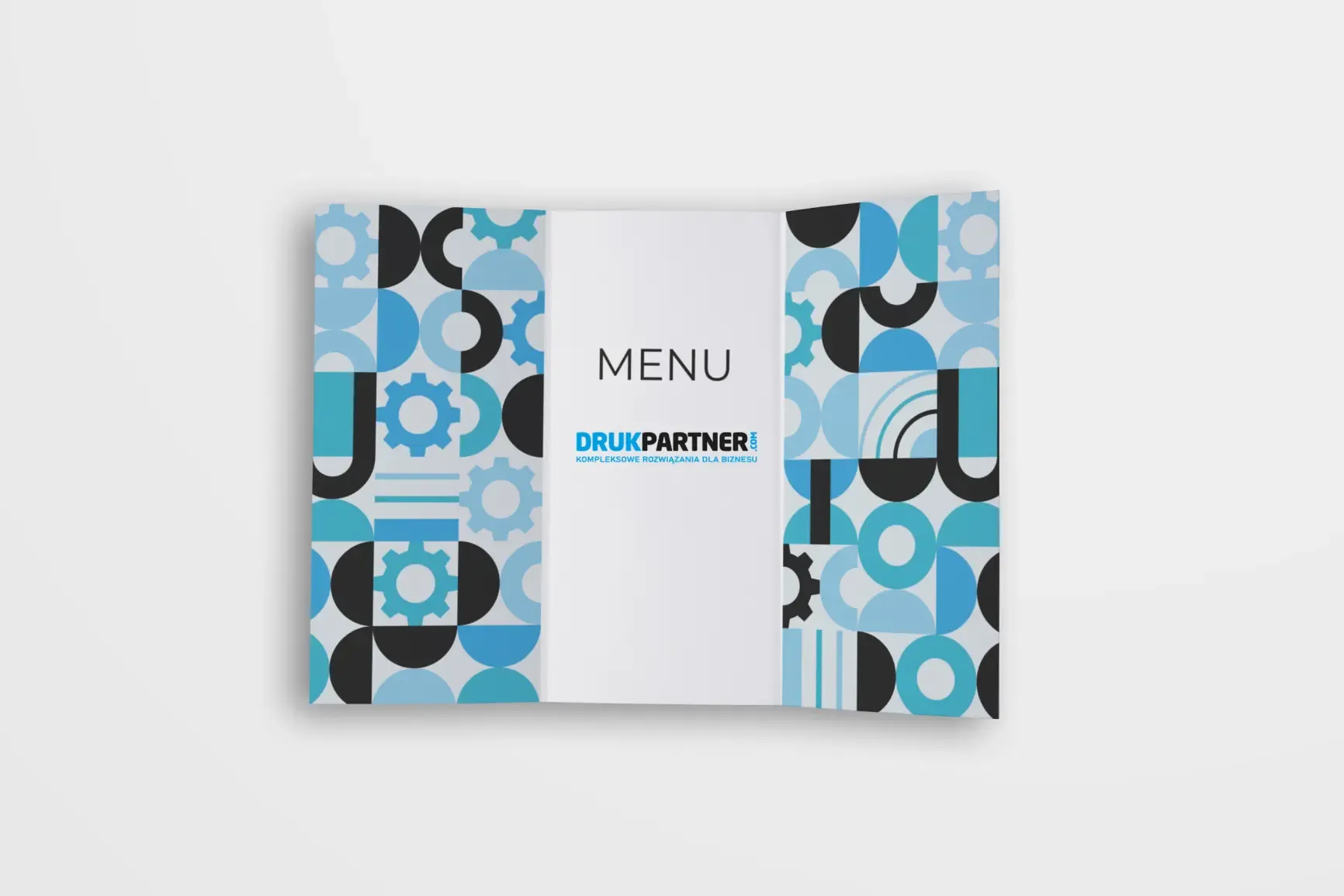 Składana karta menu z pełnokolorowym nadrukiem, otwarta do prezentacji trzech paneli przeznaczonych na ofertę, cennik lub menu restauracji.